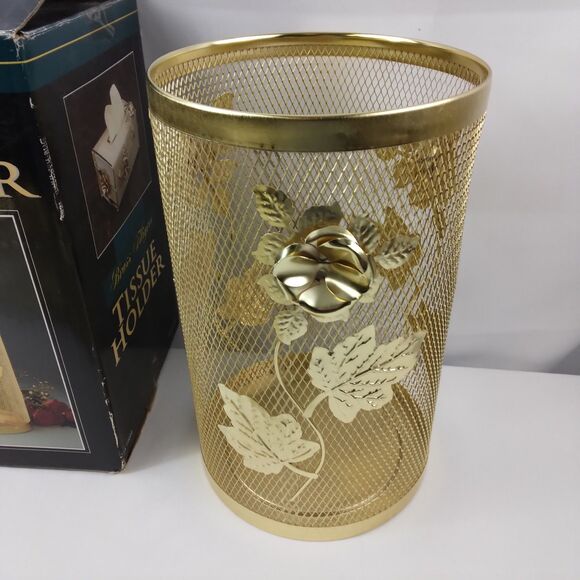 Brass Filigree Tissue Box Holder Cover Roses Garbage Can Vintage MCM - Picture 7 of 11